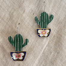 Load image into Gallery viewer, Li’l Potted Dark Green Striped Cactus Tin Earrings