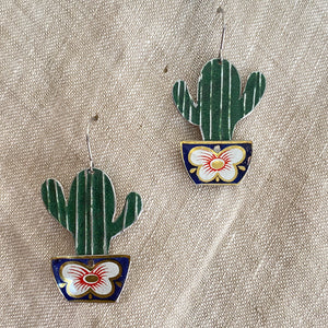 Li’l Potted Dark Green Striped Cactus Tin Earrings