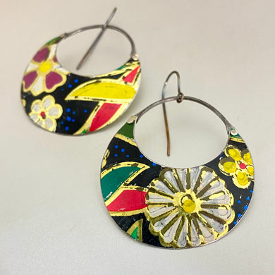 Vintage Bright Flowers II Crescent Circles Tin Earrings