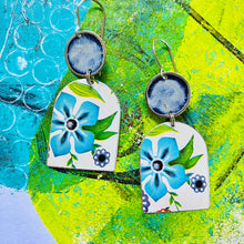 Load image into Gallery viewer, Bright Blue Flowers Wide Arch Upcycled Tin Earrings