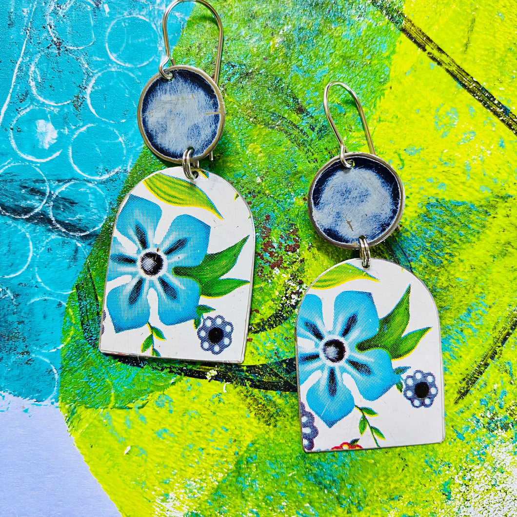 Bright Blue Flowers Wide Arch Upcycled Tin Earrings