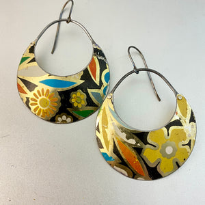 Vintage Flowers Crescent Circles Tin Earrings