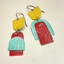 Load image into Gallery viewer, Etched Arch Aqua, Goldenrod, Raspberry Tin Earrings