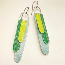 Load image into Gallery viewer, Paint Pour Spring Green, Pale Sky &amp; Grass Green Tin Earrings