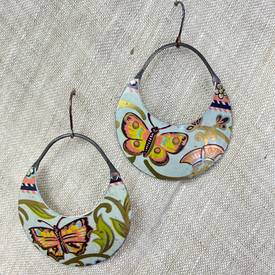Double Butterfly Crescent Circles Tin Earrings