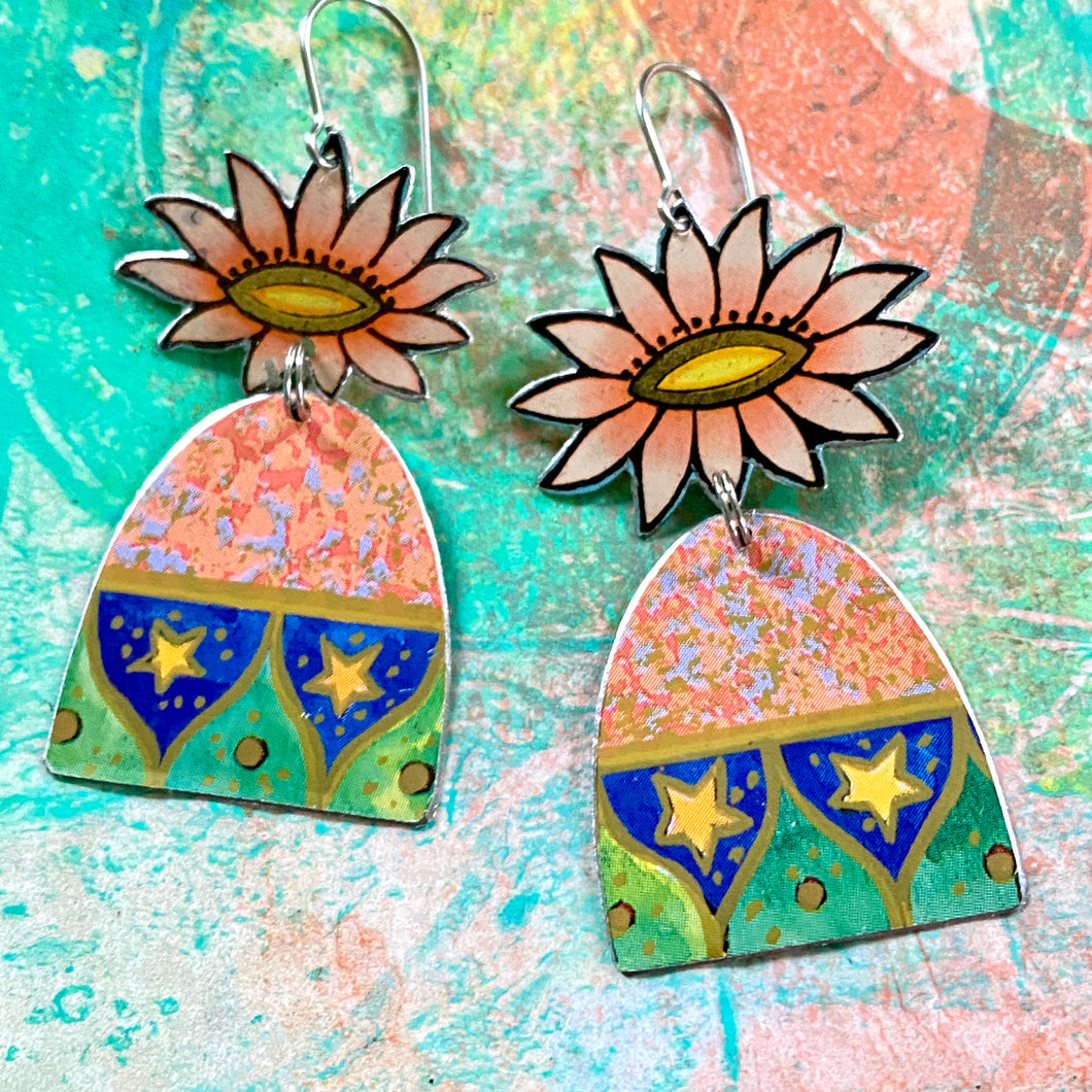 Fancy Pink Flowers & Carnival Arched Tin Earrings