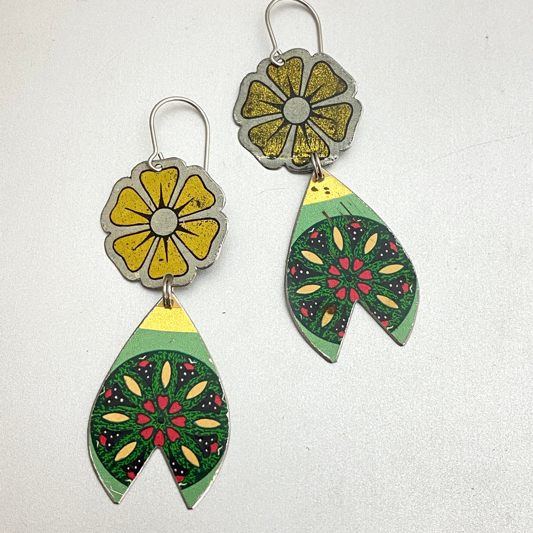 Vintage Blossoms & Green Mandala Tin Earrings