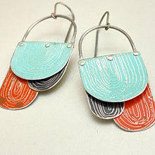 Load image into Gallery viewer, Etched Arches Scarlet, Dusty Aqua &amp; Midnight Tin Earrings