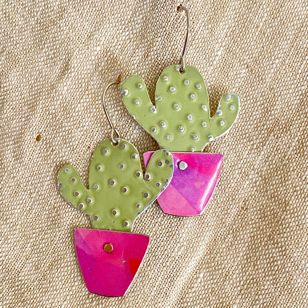 Li’l Pink Potted Cactus Upcycled Tin Earrings