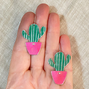Li’l Pink Potted Cactus Upcycled Tin Earrings