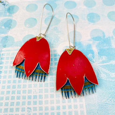 Scarlet and Teal Fancy Tulips Tin Earrings