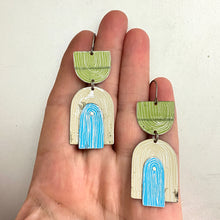 Load image into Gallery viewer, Etched Arch Apple, Sky &amp; Cream Tin Earrings