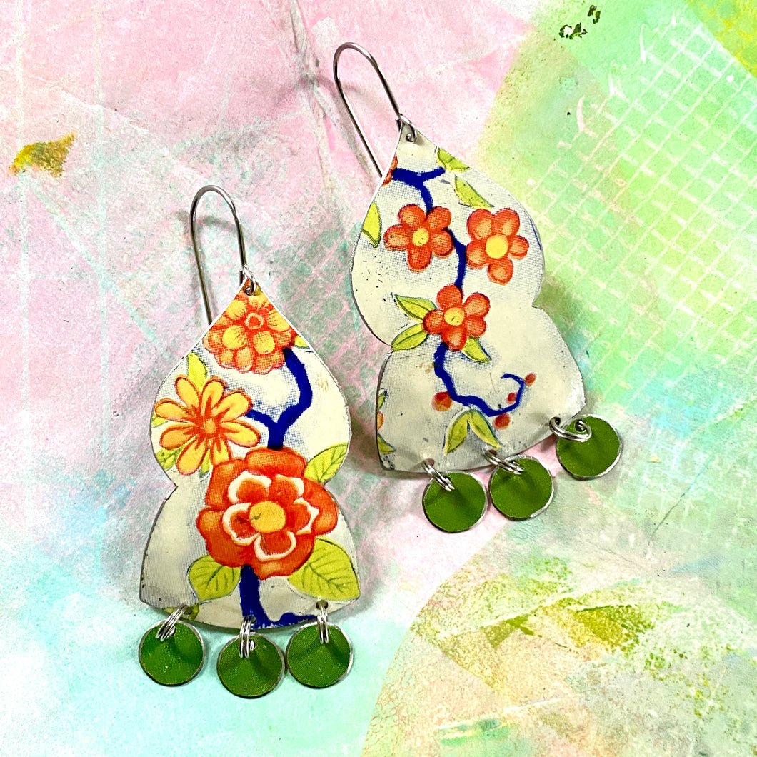 Vintage Orange Flowers Temple Drop Tin Earrings