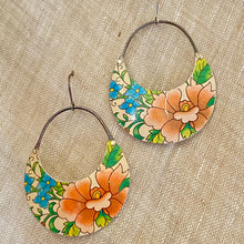 Load image into Gallery viewer, Pale Pink Blossoms Crescent Circles Tin Earrings