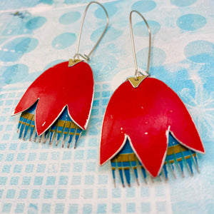Scarlet and Teal Fancy Tulips Tin Earrings