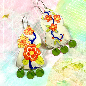 Vintage Orange Flowers Temple Drop Tin Earrings