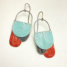 Load image into Gallery viewer, Etched Arches Scarlet, Dusty Aqua &amp; Midnight Tin Earrings