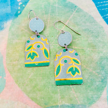 Load image into Gallery viewer, Pale Aqua Botanicals Wide Arch Upcycled Tin Earrings