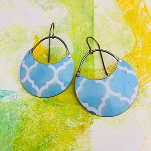 Pale Blue Pattern Crescent Circles Tin Earrings