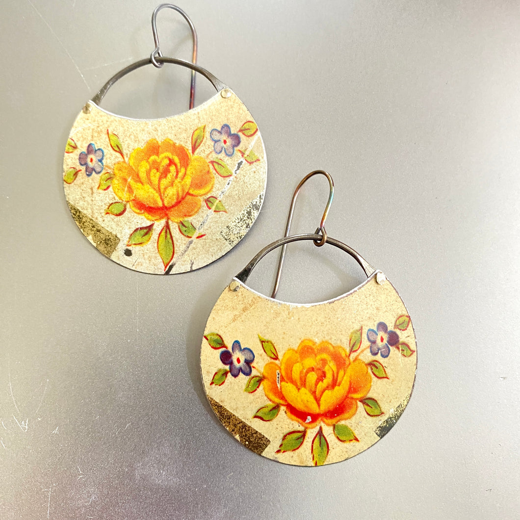 Vintage Yellow Rose Circle Tin Earrings