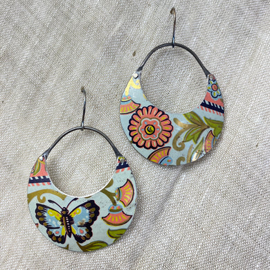 Butterfly & Flowers Crescent Circles Tin Earrings