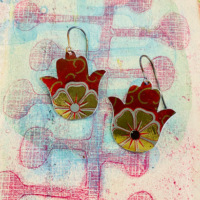Antique Gold Flower Classic Hamsa Upcycled Tin Earrings
