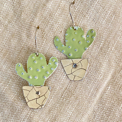 Tiny Crackle Potted Cactus Tin Earrings