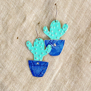 Tiny Turquoise Potted Cactus Tin Earrings