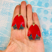 Load image into Gallery viewer, Scarlet and Teal Fancy Tulips Tin Earrings