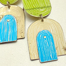 Load image into Gallery viewer, Etched Arch Apple, Sky &amp; Cream Tin Earrings