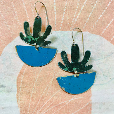 Succulents in Bright Blue Pots Upcycled Tin Earrings