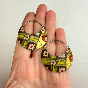 Vintage Golden Patterned Crescent Circles Tin Earrings