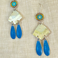 Load image into Gallery viewer, Pale &amp; Bright Blue Tin Chandelier Earrings