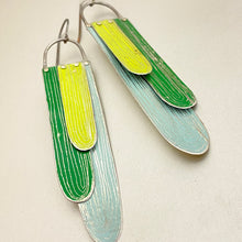 Load image into Gallery viewer, Paint Pour Spring Green, Pale Sky &amp; Grass Green Tin Earrings