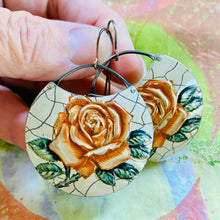 Load image into Gallery viewer, Peach Roses Circles Upcycled Tin Earrings