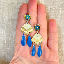 Load image into Gallery viewer, Pale &amp; Bright Blue Tin Chandelier Earrings