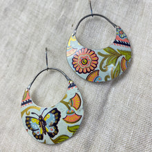 Load image into Gallery viewer, Butterfly &amp; Flowers Crescent Circles Tin Earrings