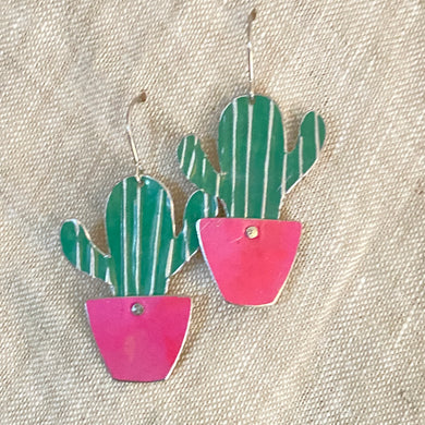 Li’l Pink Potted Cactus Upcycled Tin Earrings