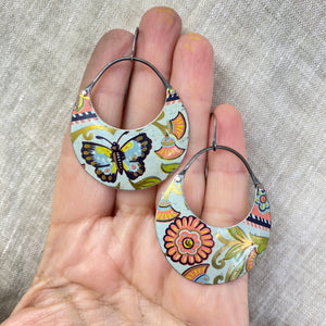Butterfly & Flowers Crescent Circles Tin Earrings