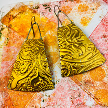 Load image into Gallery viewer, Golden Embossed Upcycled Tin Long Fans Earrings