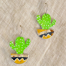Load image into Gallery viewer, Li’l Potted Bright Green Cactus Upcycled Tin Earrings