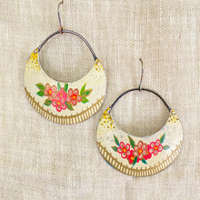 Load image into Gallery viewer, Pink Posies on Cream Crescent Circles Tin Earrings