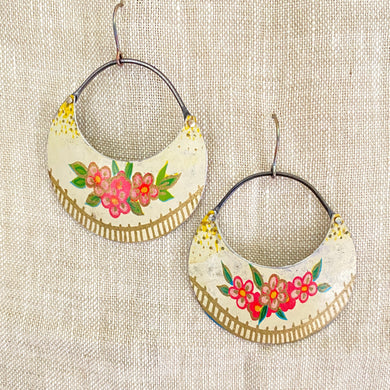 Pink Posies on Cream Crescent Circles Tin Earrings