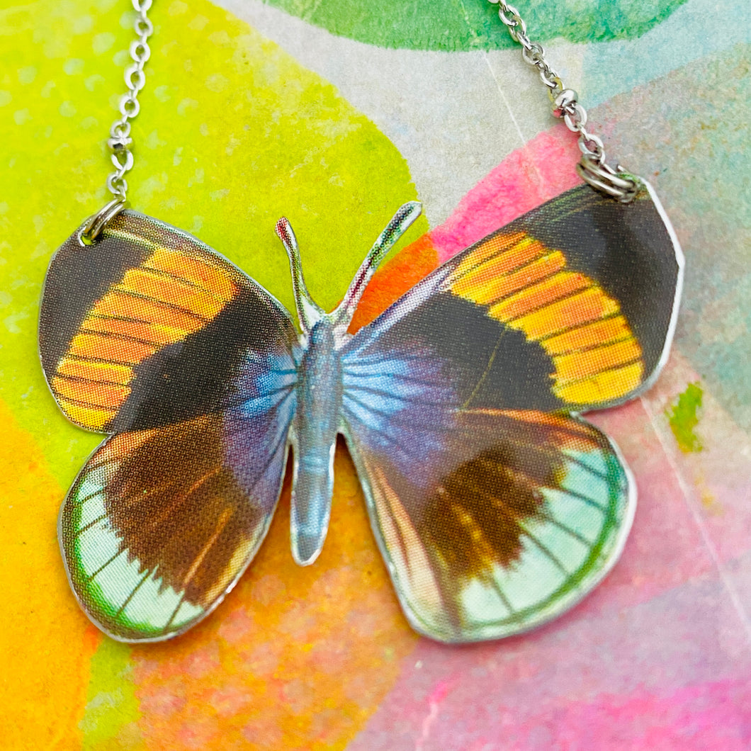 Orange Striped Butterfly Upcycled Tin Necklace