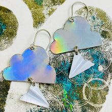 Load image into Gallery viewer, Iridescent Rain Clouds &amp; Airplanes Tin Earrings