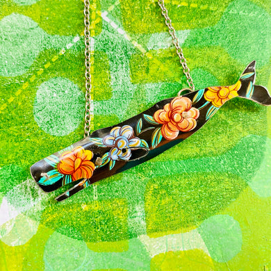 Midnight Flowers Whale Upcycled Tin Necklace