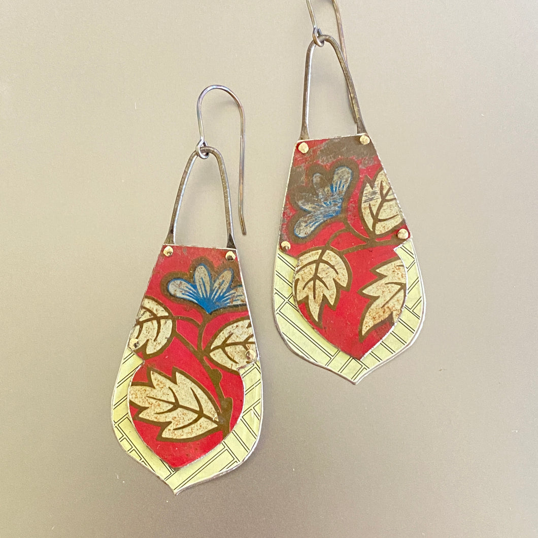 Vintage Red and Blue Flowers Tin Earrings