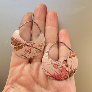 Pink Botanicals on Dusty Pink Crescent Circles Tin Earrings