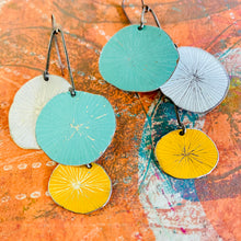 Load image into Gallery viewer, Aqua, White &amp; Goldenrod Cosmos Upcycled Tin Earrings