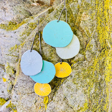 Load image into Gallery viewer, Aqua, White &amp; Goldenrod Cosmos Upcycled Tin Earrings